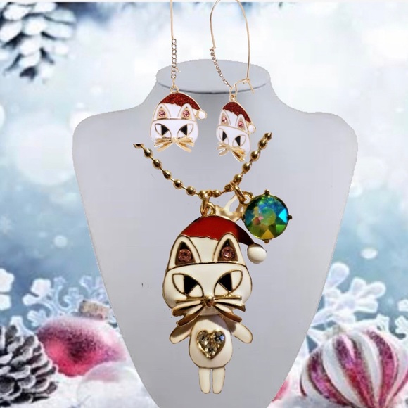 SET CHRISTMAS CAT NECKLACE AND HOOK EARRINGS - Picture 2 of 8